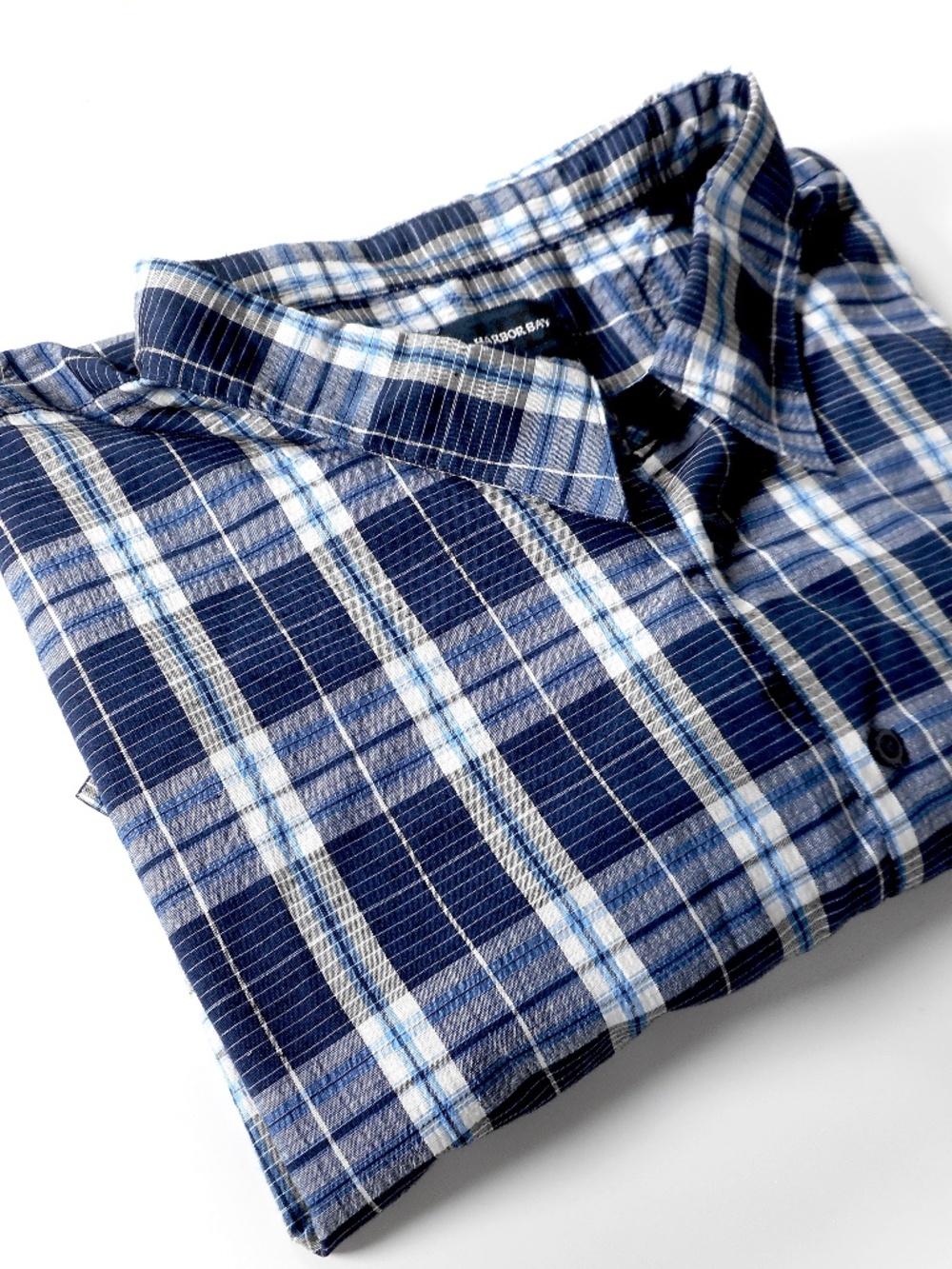 Harbor Bay Navy Blue White Plaid Mens 6XL Short Sleeve Button Shirt Poly Blend